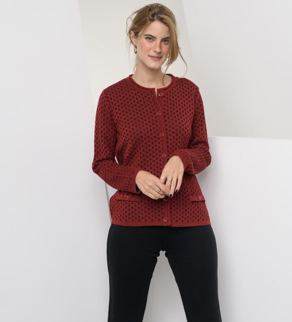 fashionable knitted cardigan in burgundy on a photo model