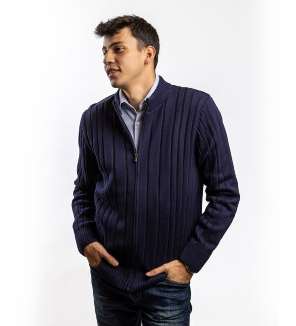 Sportlich-eleganter strickjacke aus Baumwollmischung mit geradem Streifenmuster und Rippenbündchen an Ärmeln und Saum. Der Strickjacke wird mit einem Reißverschluss geschlossen.