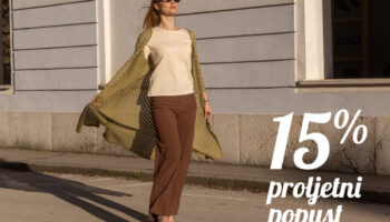 Žena u elegantnoj proljetnoj odjeći hoda ulicom. Pletenine Špenko nude 15 % popusta uz kupon kod PROLJECE15. Popust vrijedi za kupnje iznad 50 € do 19. 4.